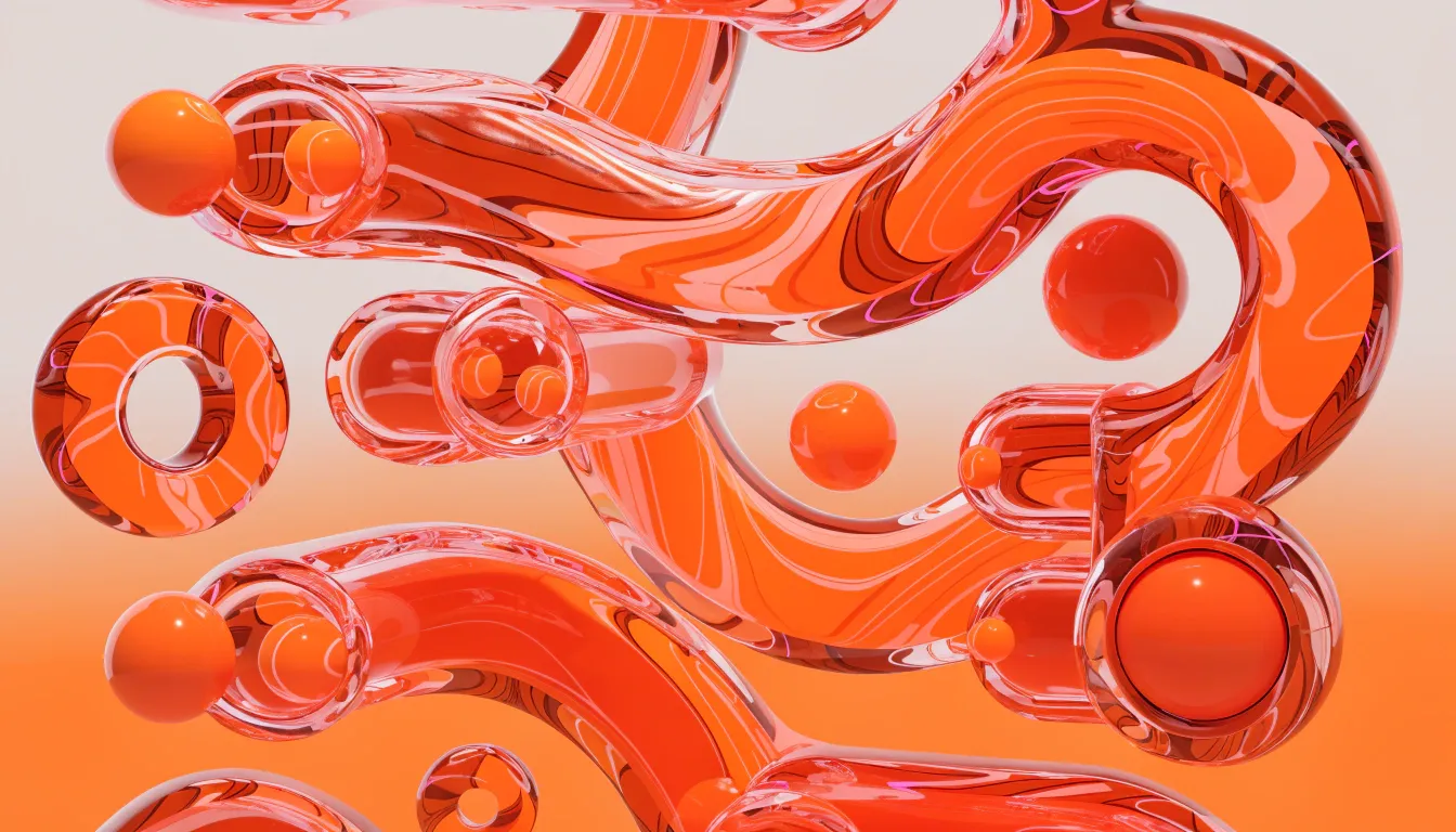 Abstract 3D render of flowing organic orange shapes, representing fluid motion and path morphing