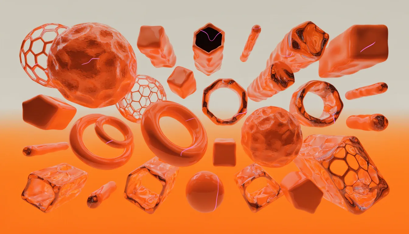 Partner marketing illustration: dozens of orange 3D shapes of different kinds floating together