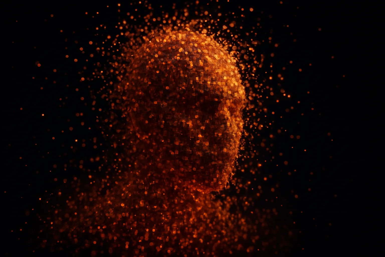 Stylised voxel portrait of Chris Wright exploding into thousands of amber cubes, representing a neurodivergent brain running 20 AI agents