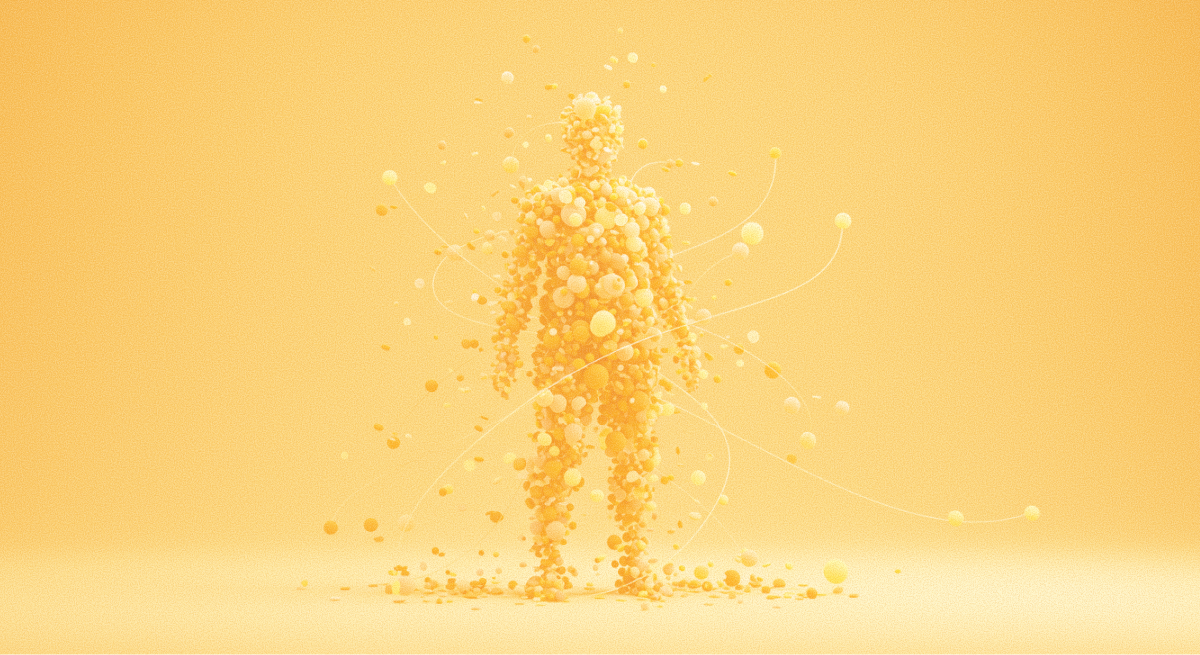 Creative representation of partner enablement with a figure made of colorful spheres against a yellow backdrop.