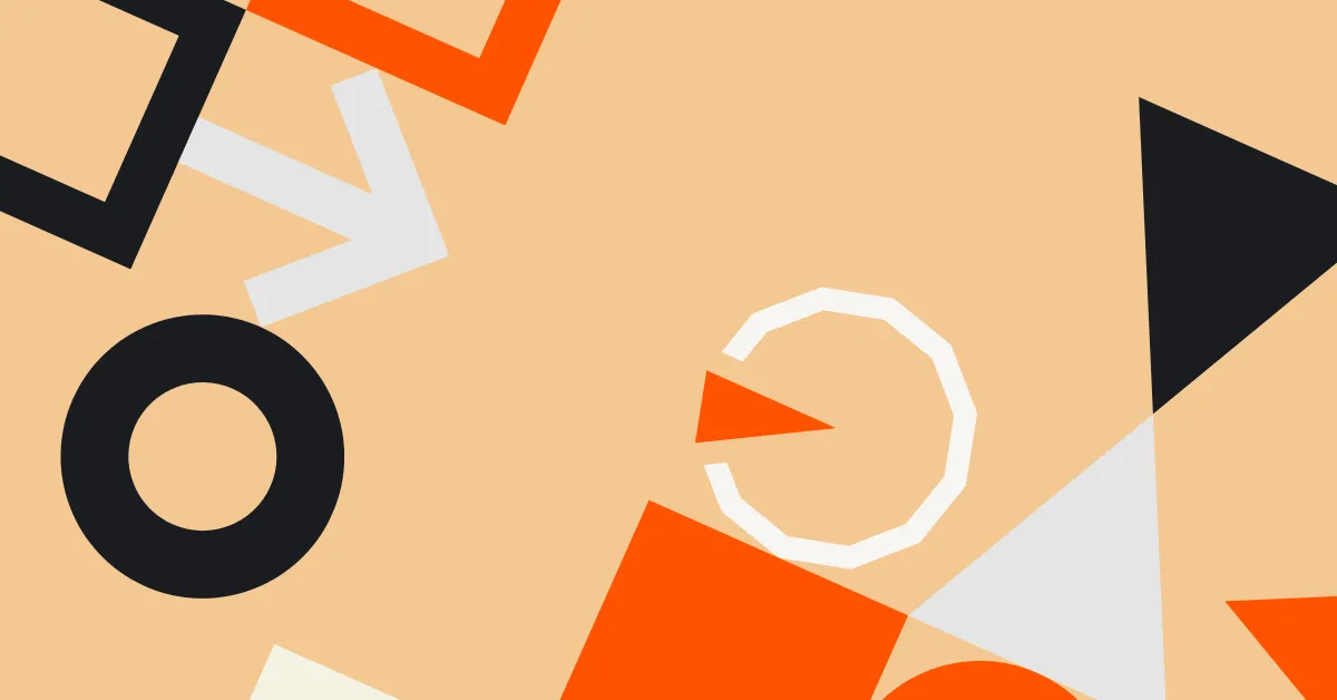 Orange, black and white geometric shapes, a ring and arrows scattered across a peach background