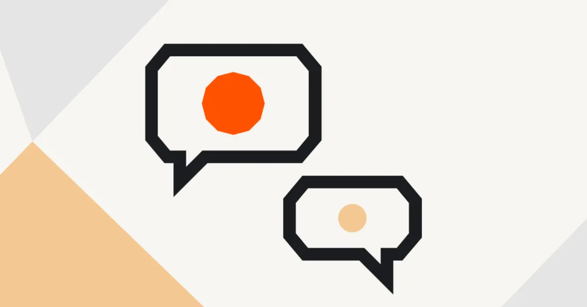 Two speech bubbles, one with an orange dot, one with a pale dot, on a cream background