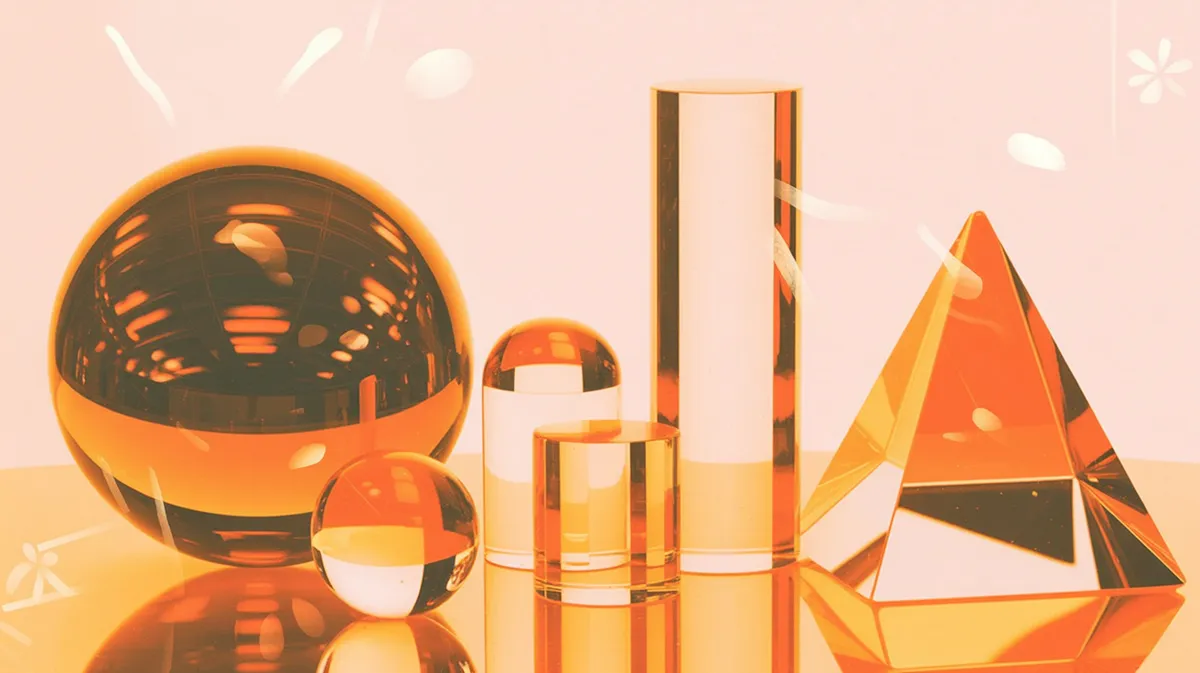 Amber glass shapes of different heights, a sphere, cylinders and a pyramid, standing side by side on a reflective surface