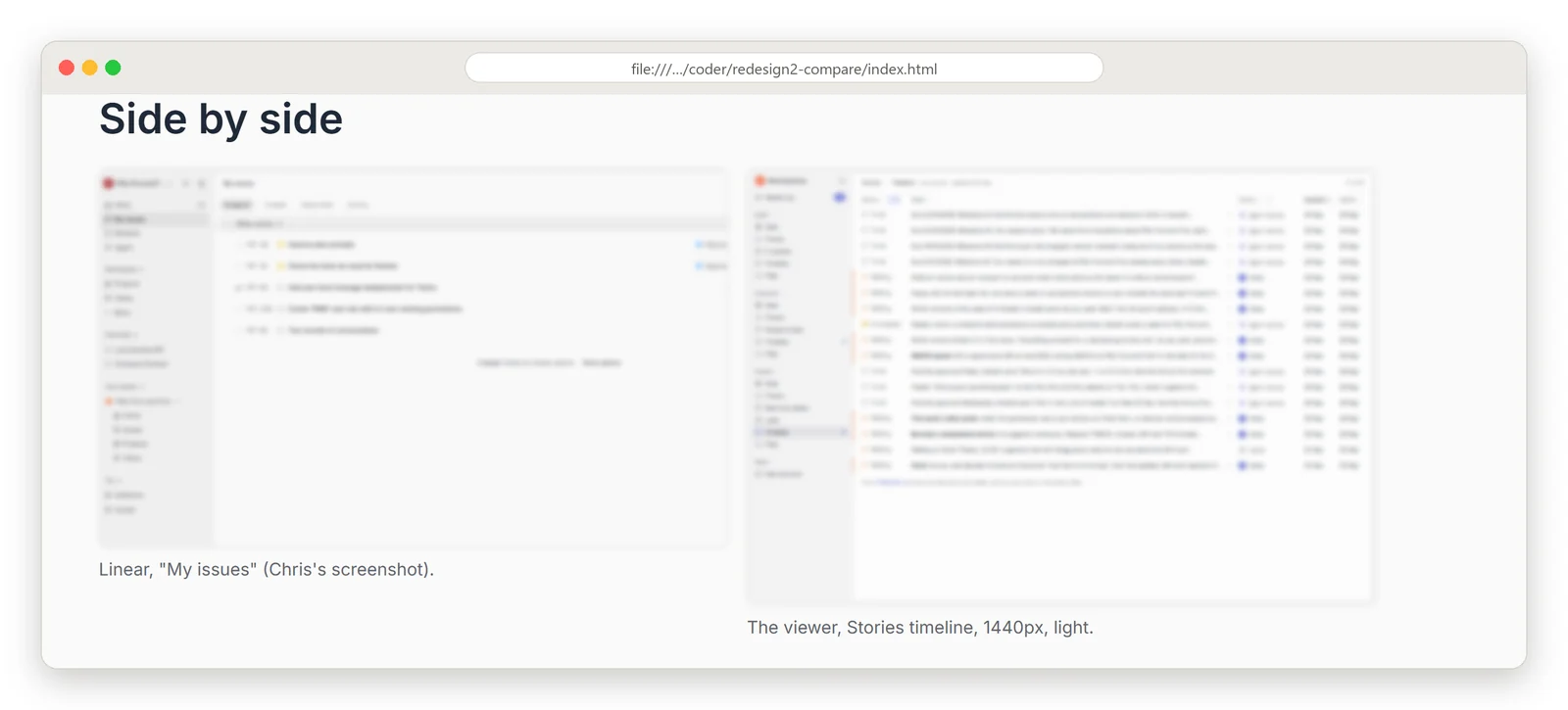 A design comparison page in a browser window, with two screenshots of tools side by side