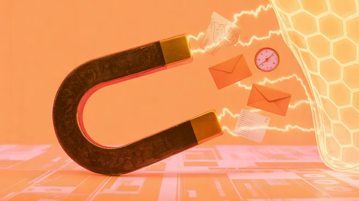 A vintage brass magnet horseshoe, oversized and centered in the frame, its curved arms pulling taut a cluster of small objects toward its poles, a folded paper