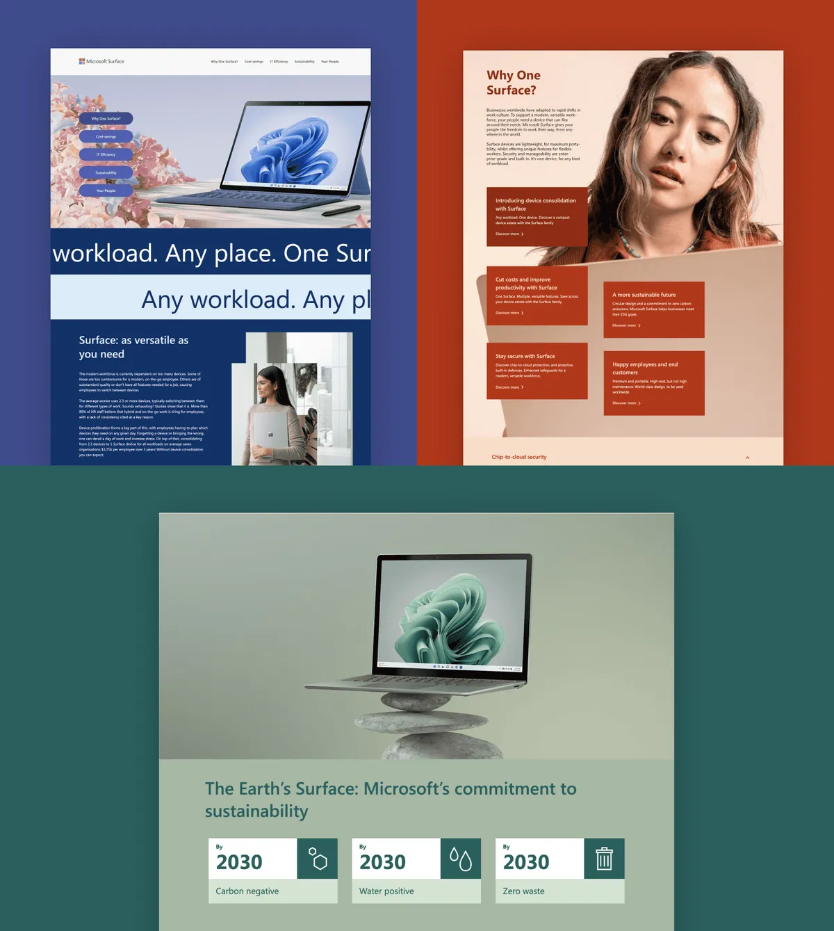 Screens from the interactive Microsoft Surface microsite, with sections on cost savings, IT efficiency and sustainability