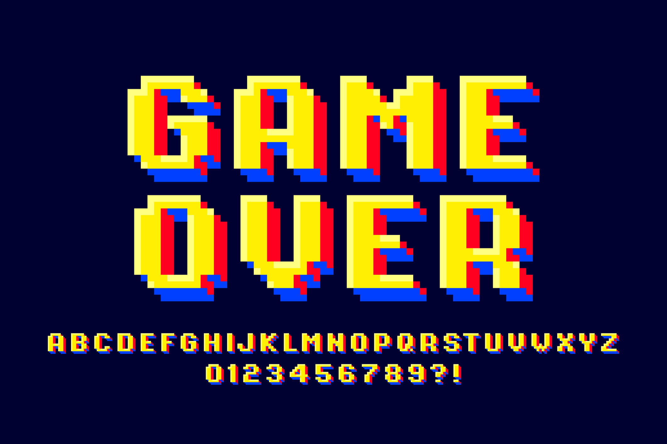 Pixel retro arcade game style font that says "Game Over" and has the whole alphabet below it.