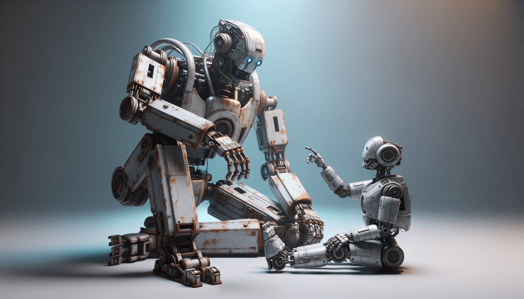 Larger robot mentoring a smaller robot.