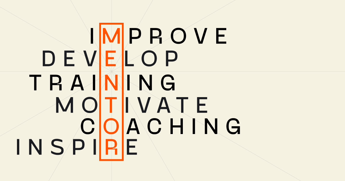 Different related words spelling out MENTOR in the middle, outlined in orange.