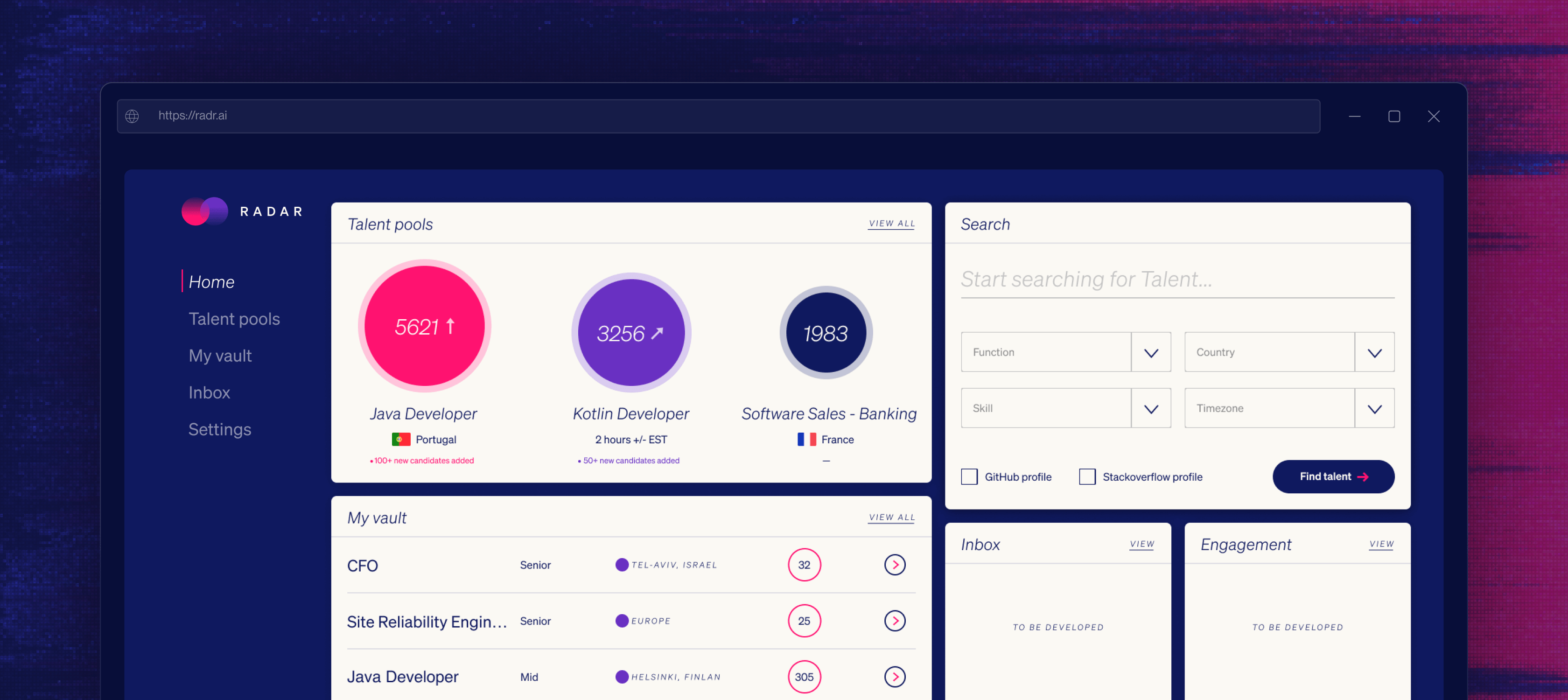 Dashboard of Radar's talent tool, powered by AI.