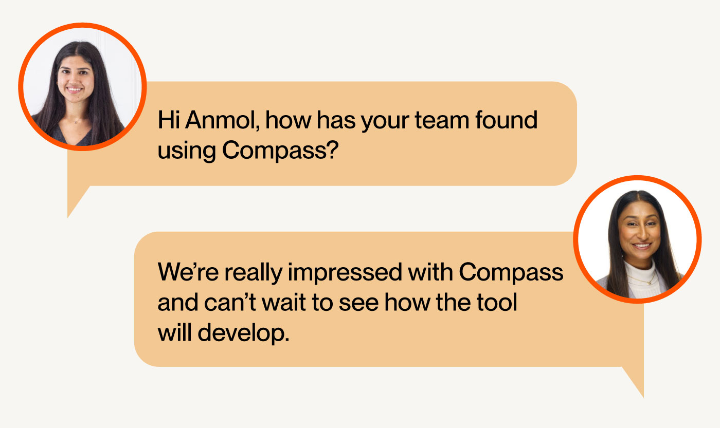 Messages between Dipti Tewani from Fifty Five and Five and Anmol Patel from TCS talking about Compass.